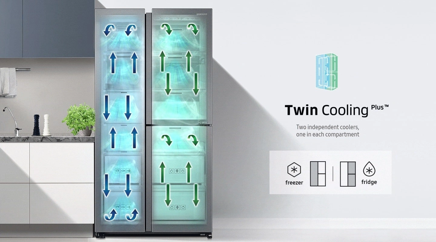 خنک کننده دوگانه یا Twin Cooling در یخچال فریزر ساید بای ساید 3 درب 30 فوت سامسونگ مدل RS68N8650S9